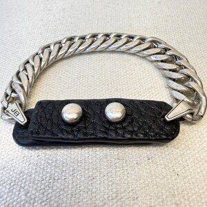 Chunky Chain & Leather‎ Bracelet Signed JB Silver-Tone Black Biker Punk Grunge